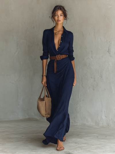 Zaira | Vestido Maxi Largo con Cuello Invertido