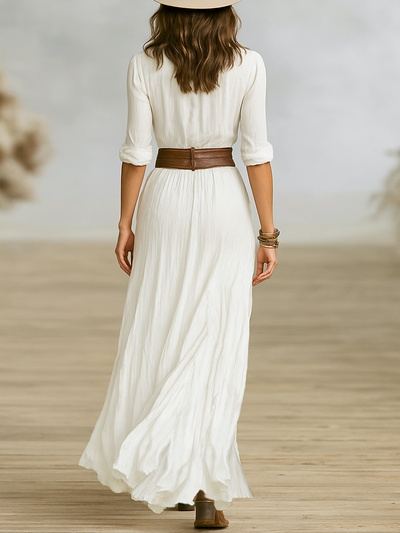 Vestido Maxi Largo de Lino con Cuello Invertido