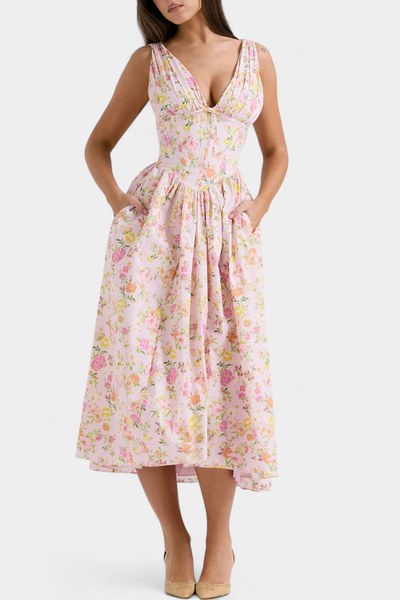 Margie Vestido Midi de Escote en V y Estampado Floral Romántico
