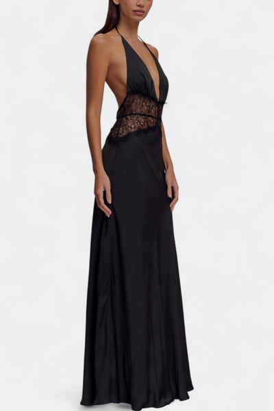 Ashanty Vestido Largo con Escote Halter y Cintura de Encaje Transparente